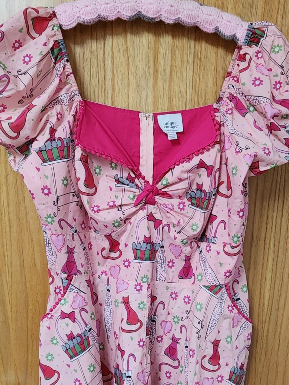 Unique Vintage Pink Caturday Cotton Swing Dress Cats Umbrellas 3x size 20 - Picture 3 of 12